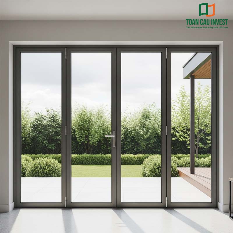 Modern 4-Panel Folding Aluminum Glass Door- sturdy aluminum frame, clear tempered glass, expanding living space and maximizing natural light.