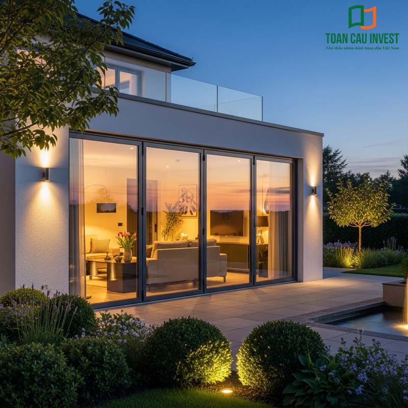 Luxury 4-Panel Folding Aluminum Glass Door - safety tempered glass, creating a spacious open area and welcoming soft evening light.