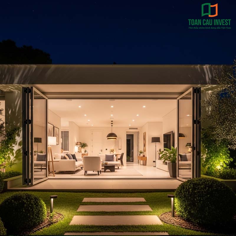 4-Panel Folding Aluminum Glass Door - maximizes living room space, modern design, welcomes natural light, and harmoniously connects with the garden.