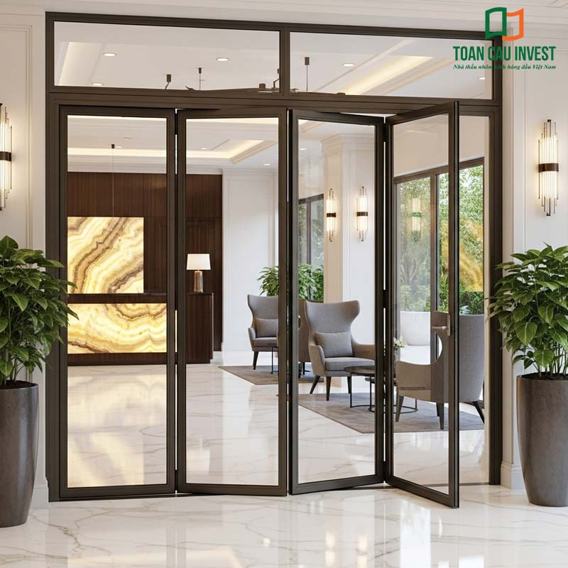 4-Panel Folding Aluminum Glass Door for a Luxury Reception Hall - premium aluminum frame, safety tempered glass, smooth operation, and elegant aesthetics.