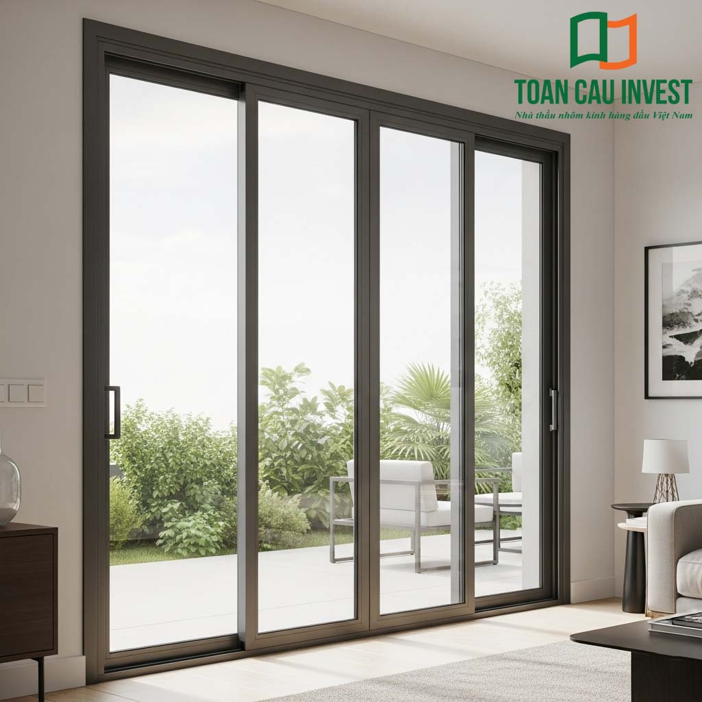 Cửa nhôm kính 4 cánh lùa khung nhôm đen tinh tế, kính cường lực trong suốt, mở ra không gian sân vườn xanh mát, mang lại sự thông thoáng cho phòng khách