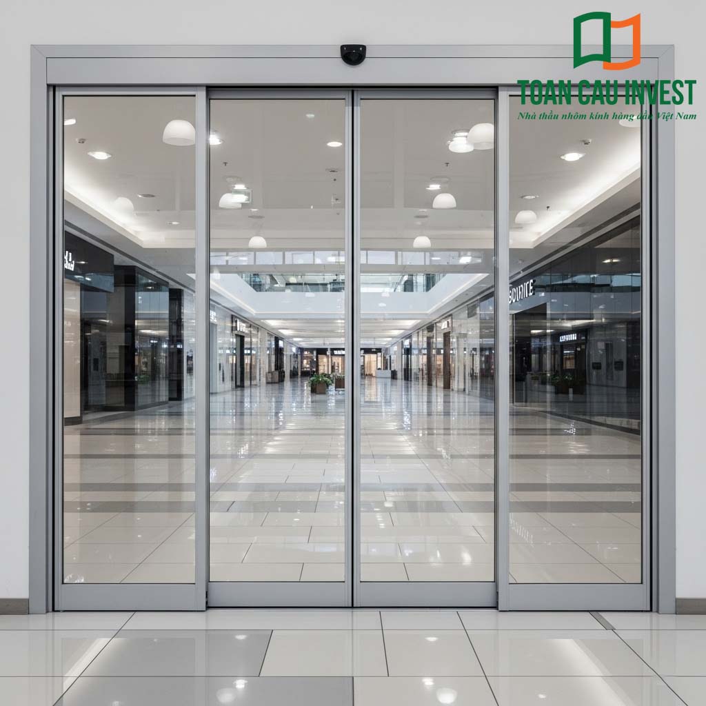 Cửa nhôm kính 4 cánh lùa tự động khung nhôm màu bạc sang trọng, lắp đặt tại trung tâm thương mại, vận hành êm ái và hiện đại