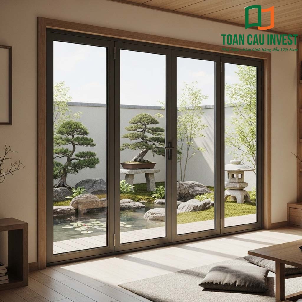 Cửa nhôm kính 4 cánh lùa hướng hồ cá Koi với khung nhôm nâu hiện đại, kính lớn giúp tận hưởng trọn vẹn tầm nhìn khu vườn bonsai và hồ nước