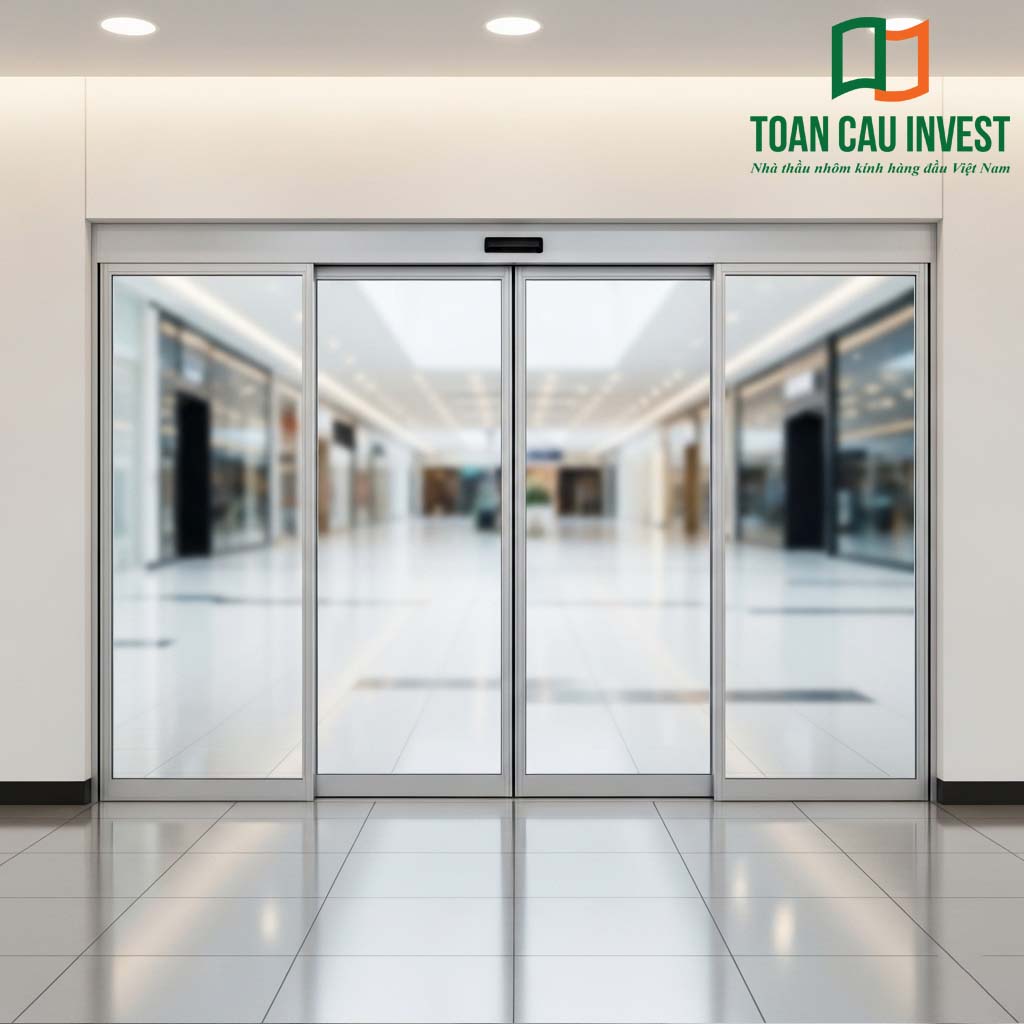Cửa nhôm kính 4 cánh lùa tự động trung tâm thương mại với khung nhôm trắng bạc, kính trong suốt, vận hành tự động, thuận tiện cho không gian mua sắm