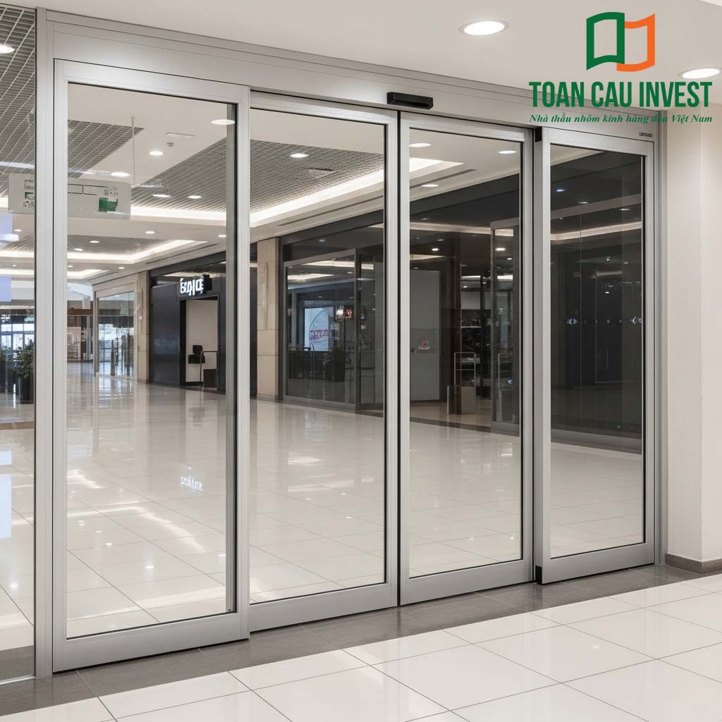 Cửa nhôm kính 4 cánh lùa tự động khung nhôm sáng bóng, kính cường lực an toàn, phù hợp lối ra vào khu mua sắm cao cấp