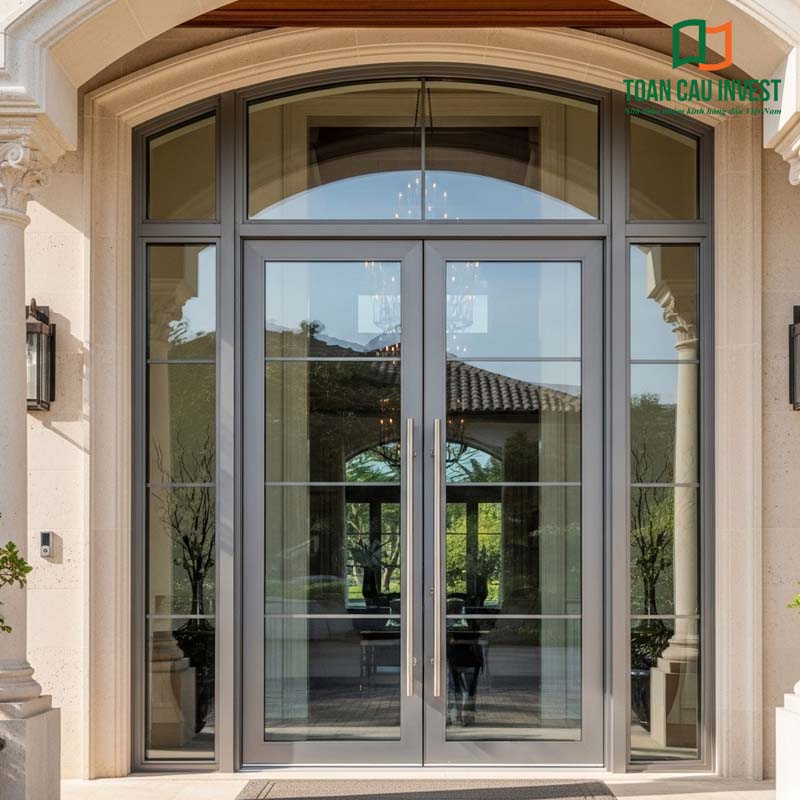 Cửa nhôm kính cao cấp 2 cánh với ô kính lớn và vòm kính phía trên, mang phong cách cổ điển kết hợp hiện đại.
