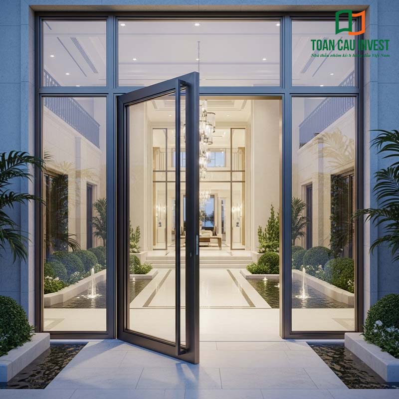 Lối vào biệt thự sang trọng với cửa nhôm kính cao cấp dạng pivot, mở rộng tầm nhìn và lấy sáng tối đa