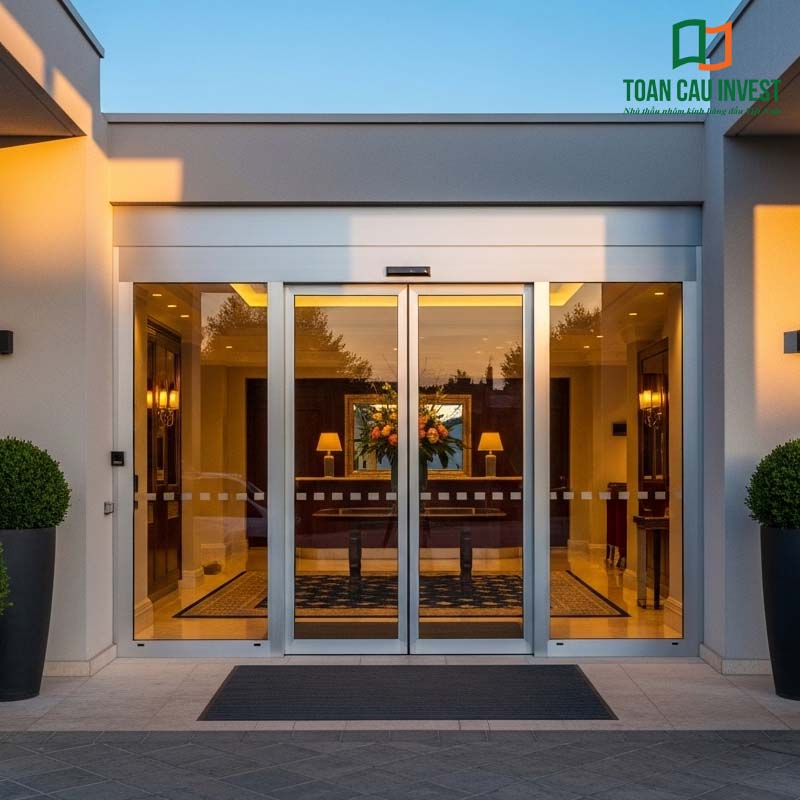 Hệ cửa nhôm kính cao cấp trượt tự động tại sảnh chính, mang lại sự tiện lợi, thẩm mỹ và trải nghiệm đón tiếp chuyên nghiệp