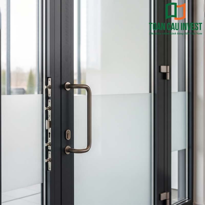 Cửa nhôm kính chống trộm mở quay sử dụng khóa đa điểm, tay nắm inox cao cấp, khung nhôm chắc chắn – phù hợp cho văn phòng, nhà phố yêu cầu an toàn cao.