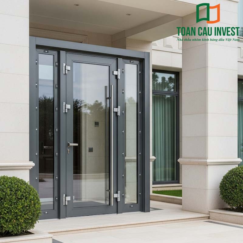 Cửa nhôm kính chống trộm mở quay 2 cánh kết hợp panel kính cường lực dày, khóa chốt đa điểm an toàn tuyệt đối cho lối vào chính biệt thự