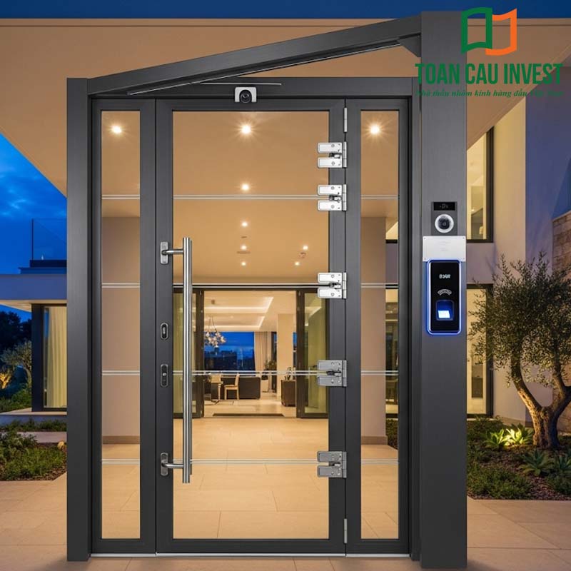 Mẫu cửa nhôm kính chống trộm hiện đại tích hợp khóa điện tử, camera và hệ thống cảm biến thông minh – giải pháp an ninh tối ưu cho biệt thự, nhà thông minh.