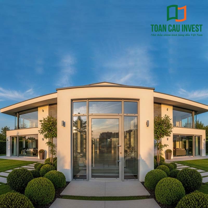 Cửa nhôm kính có rèm lắp đặt tại biệt thự view hồ bơi, kết hợp khung nhôm cao cấp và rèm chắn sáng bên trong kính, tăng hiệu quả cách nhiệt, giảm tia UV, nâng tầm không gian sống