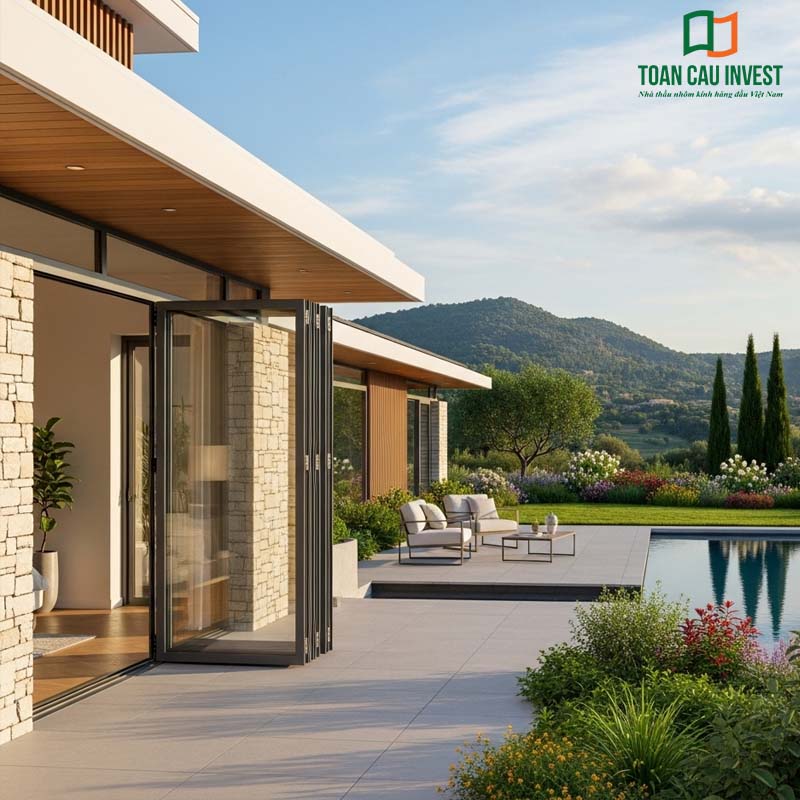 Elegant 4-Panel Folding Aluminum Glass Door - ideal for garden villas, expanding living space and maximizing enjoyment of natural views.
