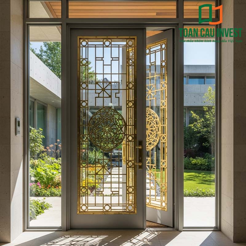 Cửa nhôm kính nan đồng thiết kế hoa văn tròn đối xứng, khung chắc chắn, mang lại sự sang trọng và đẳng cấp cho biệt thự hiện đại.