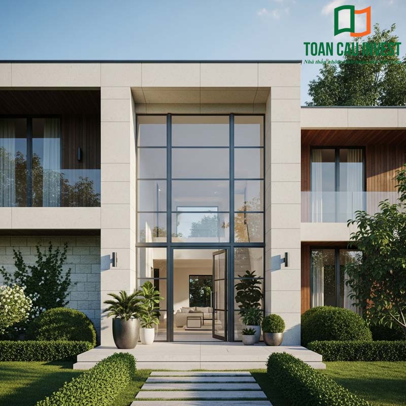 Cửa nhôm kính PMA mặt tiền biệt thự cao cấp, khung lớn chắc chắn, tạo điểm nhấn kiến trúc hiện đại