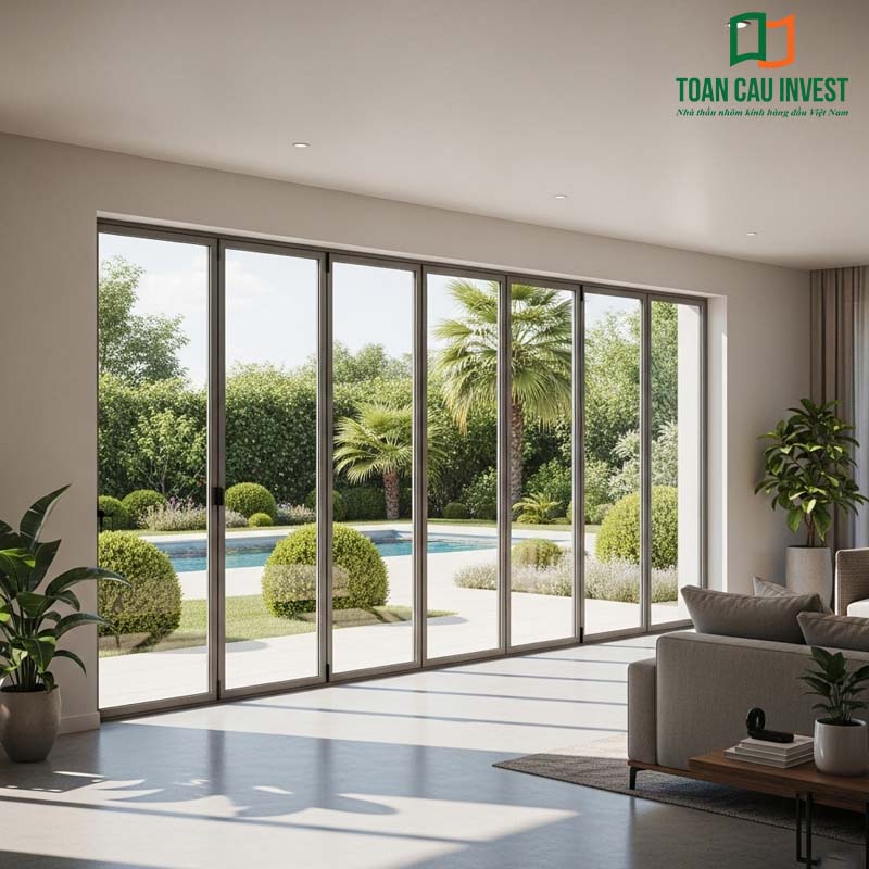 Hệ cửa trượt nhôm kính slim toàn cảnh, khung mảnh, mở rộng tầm nhìn ra sân vườn và hồ bơi