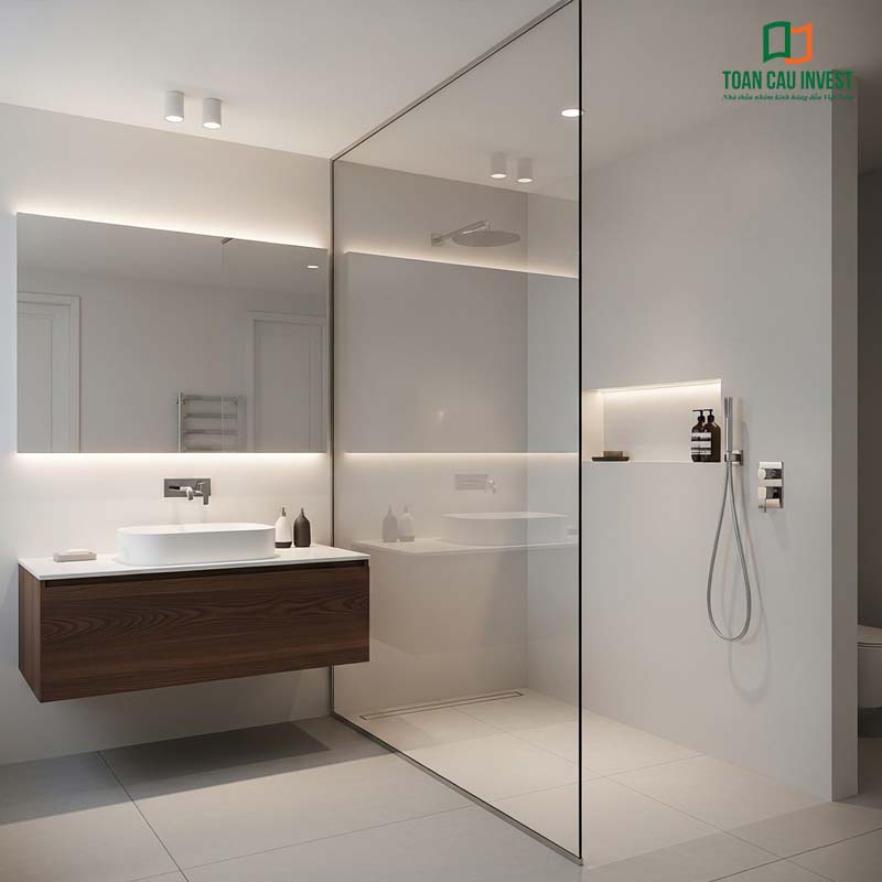 Vách kính nhà vệ sinh cao cấp, không khung, kết hợp lavabo gỗ và ánh sáng led tinh tế.