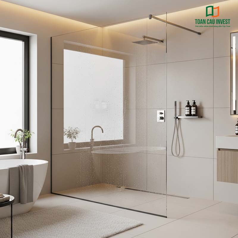Vách kính nhà vệ sinh hiện đại, ngăn khu tắm đứng với bồn tắm, ánh sáng tự nhiên thoáng đãng.