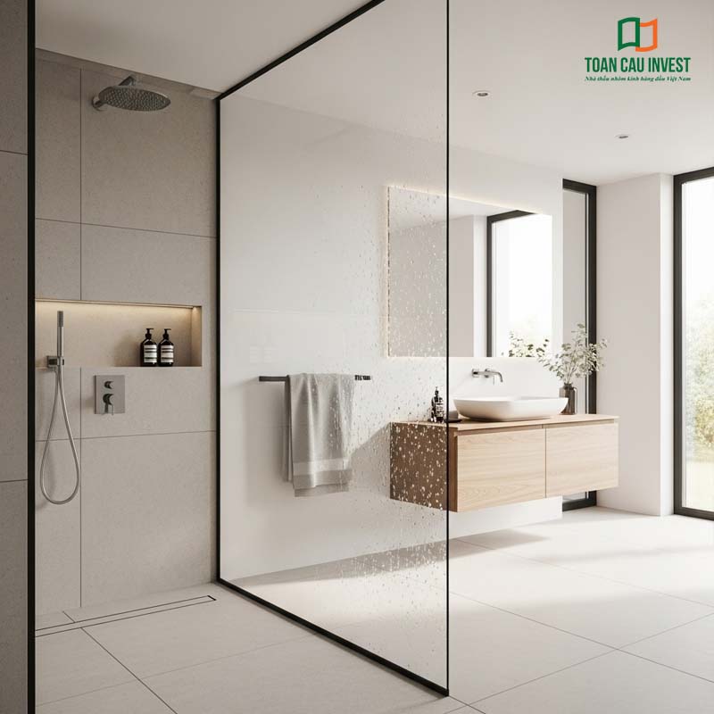 Vách kính nhà vệ sinh khung đen, ngăn khu vực tắm với lavabo gỗ treo tường, phong cách hiện đại.