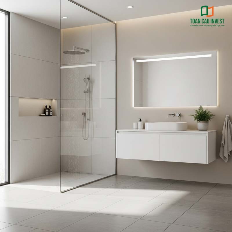 Vách kính nhà vệ sinh cao cấp, không gian mở, lavabo và hệ đèn chiếu sáng hiện đại