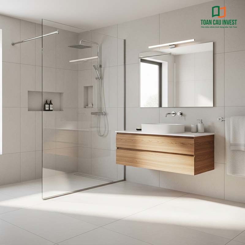 Vách kính nhà vệ sinh phong cách Bắc Âu, lavabo gỗ nổi bật trong không gian tối giản