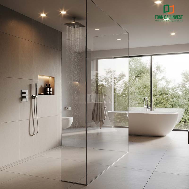 Vách kính nhà vệ sinh sang trọng, thiết kế tối giản với bồn tắm độc lập và vòi sen âm trần hiện đại.