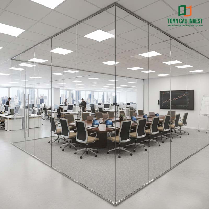 Spacious meeting room with tempered glass partitions, optimizing space while ensuring effective sound insulation