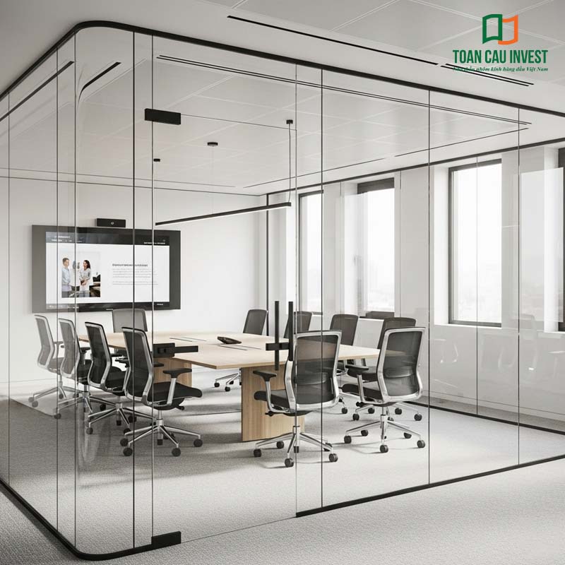 “Premium meeting room glass partitions with slim aluminum frames, providing privacy while maintaining openness — an ideal solution for modern offices.”