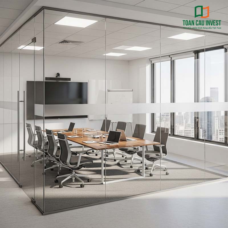 “Elegant meeting room glass partitions with a modern design, featuring a long wooden table and premium leather swivel chairs, optimizing natural light.”