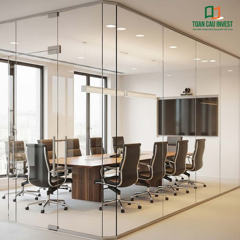 A luxurious meeting space featuring transparent glass partitions, complemented by a wooden table and premium leather chairs