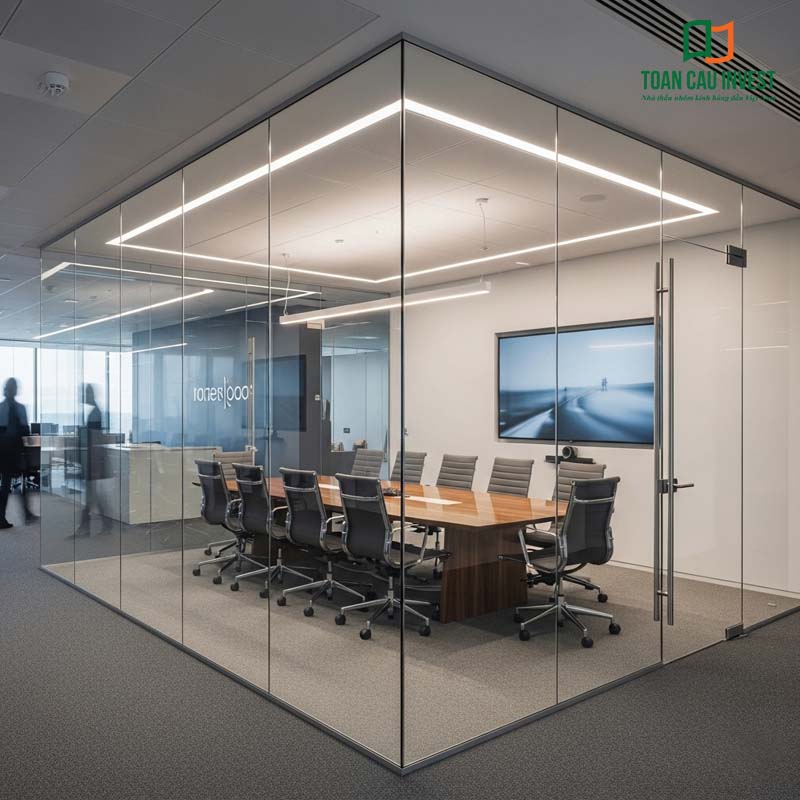 Minimalist meeting room glass partitions with refined aluminum frames, creating a modern focal point for the office