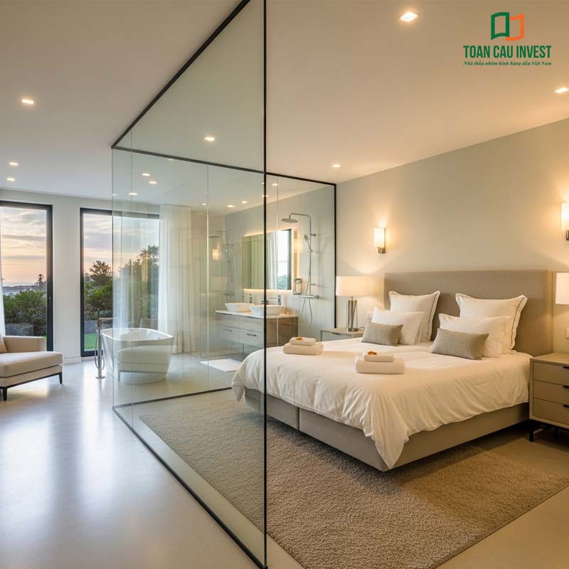 Premium Bedroom Glass Partition seamlessly adjoining the bathroom, creating an open, luxurious, and modern living space.