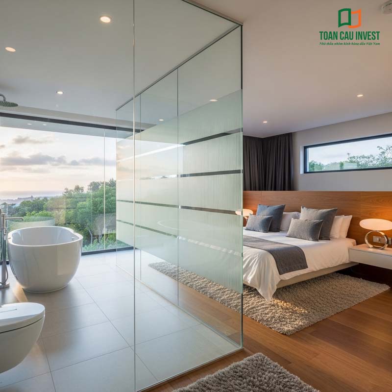 Luxurious Bedroom Glass Partition combined with the bathroom, featuring frosted glass for privacy and a modern touch.