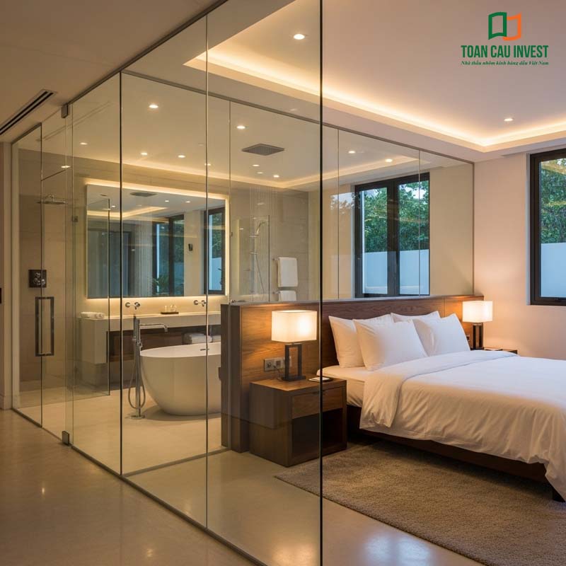 Bedroom Glass Partition combined with the bathroom, optimizing natural light and enhancing comfort in the living space.