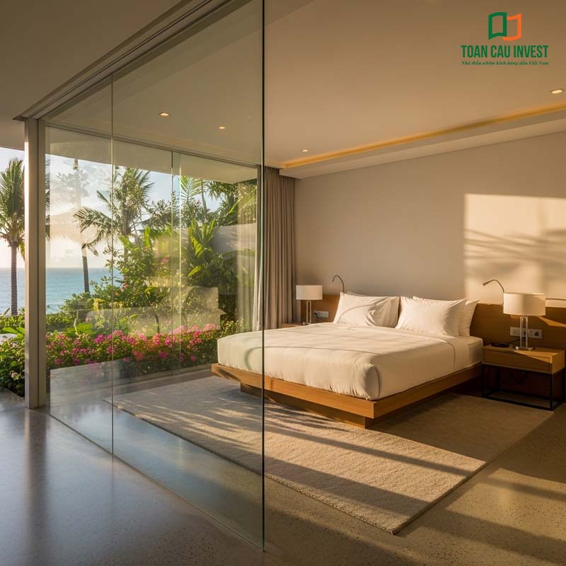 Bedroom Glass Partition facing the sea, maximizing natural light and embracing open green spaces.