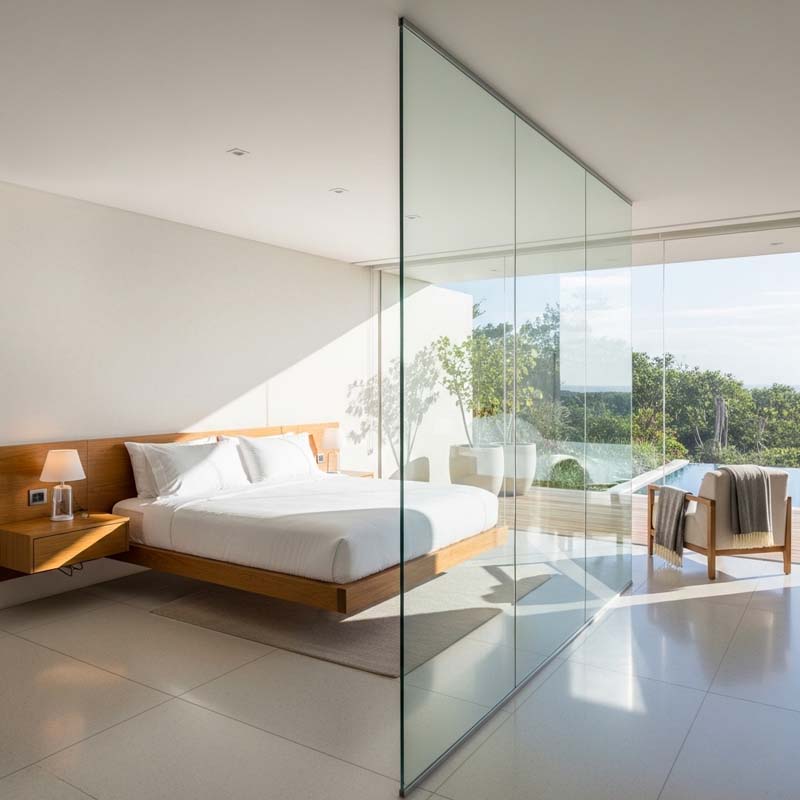Simple and modern Bedroom Glass Partition, creating a sense of openness and closeness to nature.