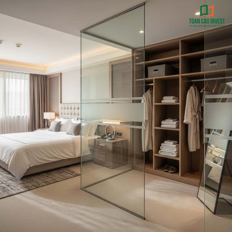 Transparent Bedroom Glass Partition separating the dressing area, bringing elegance and neatness to the room.