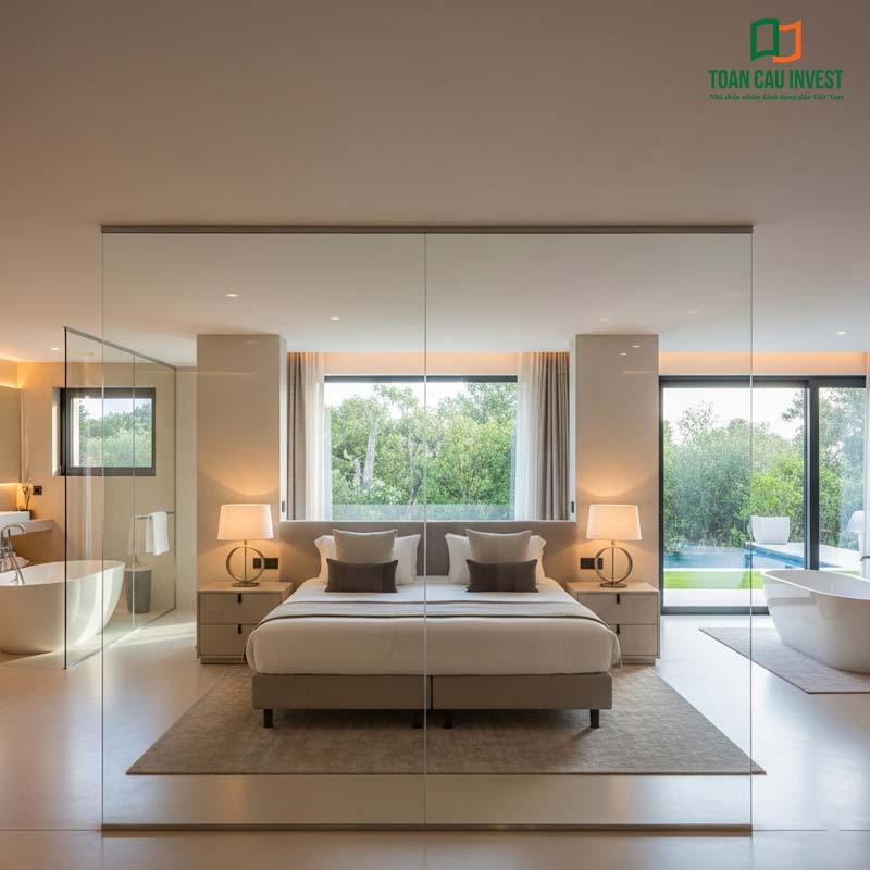 Premium Bedroom Glass Partition – Expansive open space connecting the bathroom with nature outside.