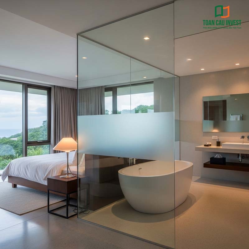 Transparent Bedroom Glass Partition separating the bathroom, optimizing functionality and aesthetics for modern apartments.