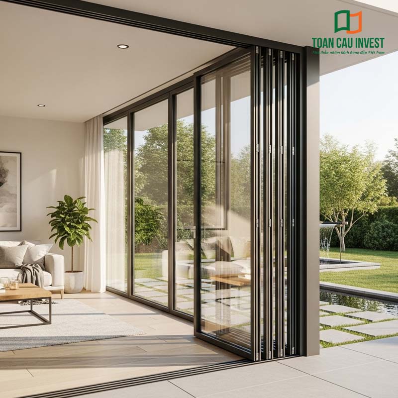 Vách kính xếp trượt khung nhôm cao cấp, thiết kế linh hoạt giúp kết nối không gian nội thất với thiên nhiên bên ngoài.