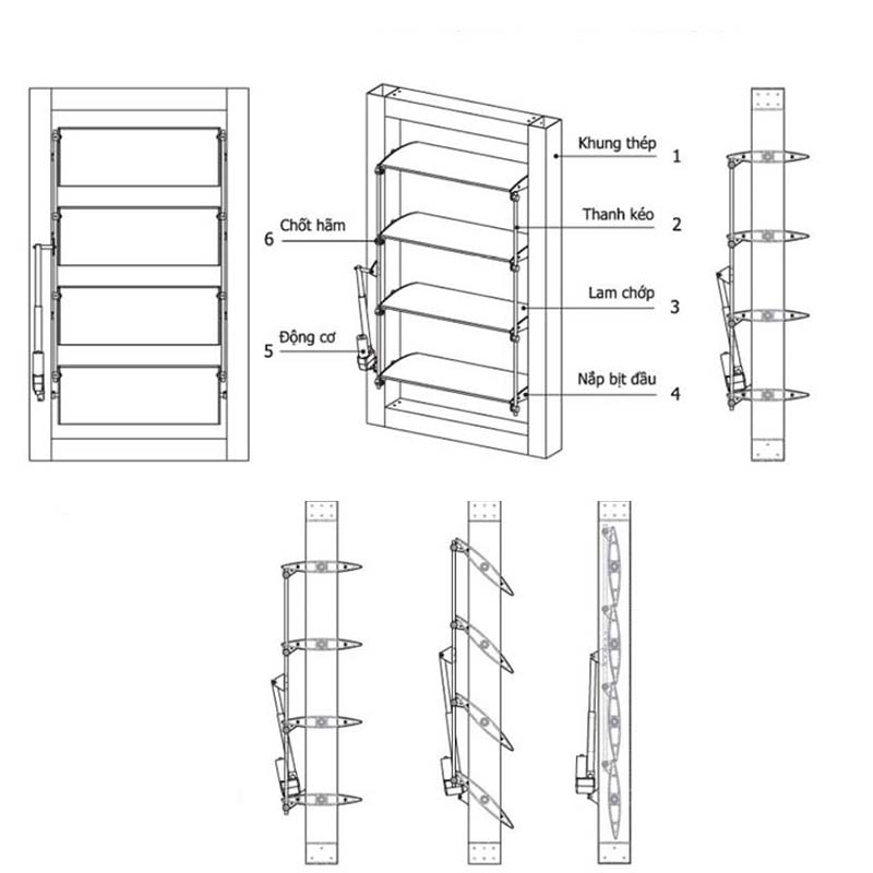 ChatGPT đã nói:A detailed technical drawing of an Operable Sun Louver System, including the steel frame, louver blades, connecting linkage bars, and the motorized operating mechanism.
