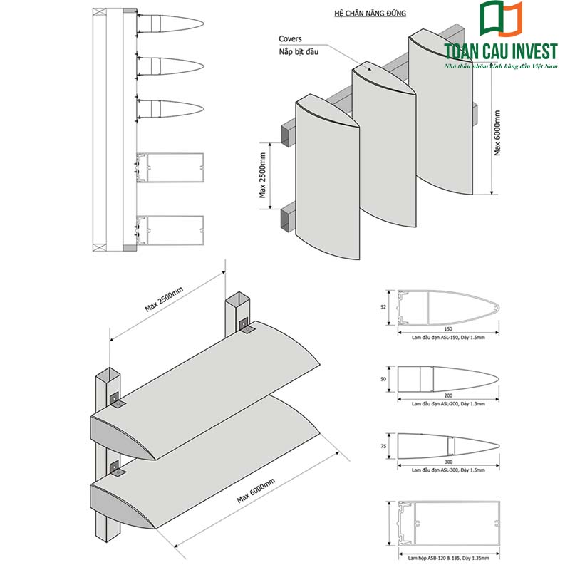 Bản vẽ kỹ thuật lam chắn nắng hình đầu đạn với chi tiết kích thước, cấu tạo và phương án lắp đặt cho mặt đứng công trình