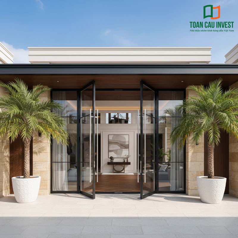 Cửa đi mở quay nhôm kính Toàn Cầu Invest cho biệt thự sân vườn, kết hợp khung kính trong suốt và cảnh quan xanh mát, mang lại không gian nghỉ dưỡng đẳng cấp.