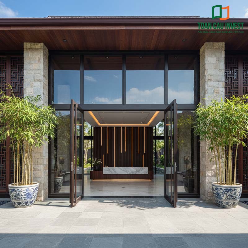 Cửa đi mở quay Toàn Cầu Invest cho biệt thự Á Đông, kết hợp khung nhôm kính và nội thất gỗ, tôn vinh nét tinh tế, đẳng cấp