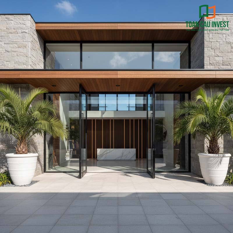 Cửa đi mở quay nhôm kính Toàn Cầu Invest, kết hợp đá tự nhiên và trần gỗ, tạo mặt tiền biệt thự hiện đại, sang trọng.