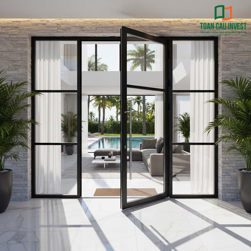 Cửa đi mở quay nhôm kính Toàn Cầu Invest kết nối không gian sống với hồ bơi, tối ưu ánh sáng tự nhiên và tầm nhìn thoáng đãng.
