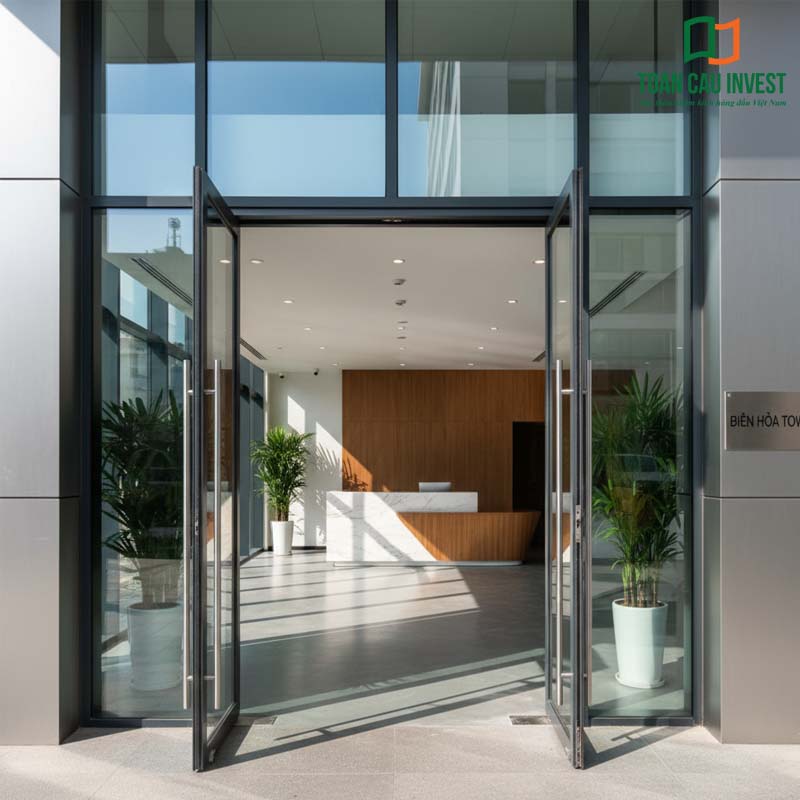 Cửa đi mở quay nhôm kính giải pháp sang trọng và bền vững cho mặt tiền tòa nhà, tối ưu ánh sáng và không gian.
