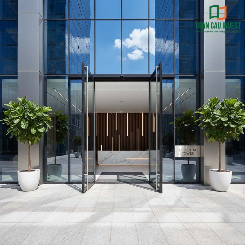 Cửa đi mở quay hiện đại cho – thiết kế nhôm kính cao cấp từ Toàn Cầu Invest, tạo ấn tượng mạnh mẽ cho sảnh văn phòng.