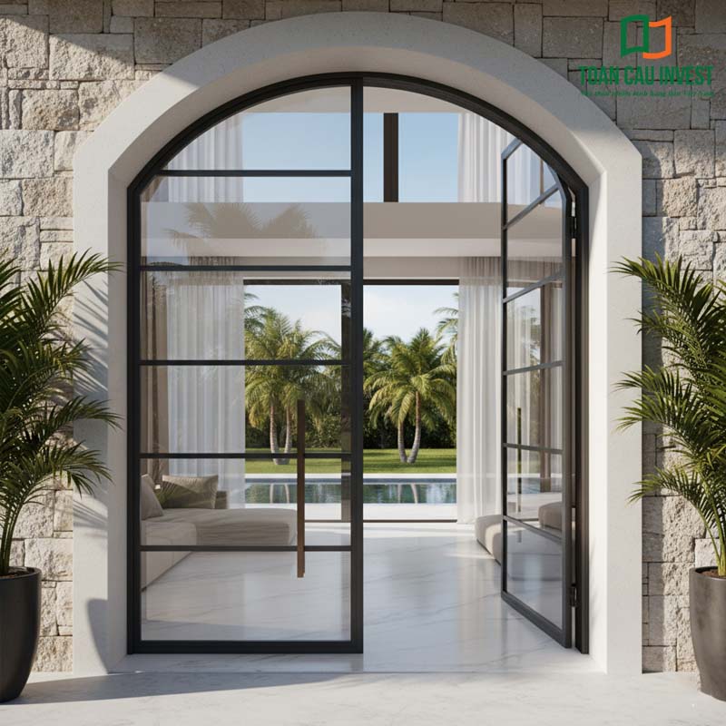 Cửa đi mở quay nhôm kính dạng vòm sang trọng – Toàn Cầu Invest mang đến vẻ đẹp cổ điển kết hợp hiện đại, lý tưởng cho biệt thự cao cấp