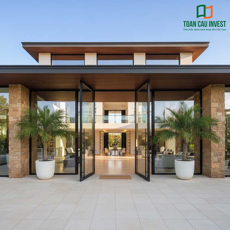 Cửa đi mở quay nhôm kính khổ lớn - Toàn Cầu Invest thi công biệt thự hiện đại với thiết kế tinh tế, mở rộng không gian sống chan hòa ánh sáng.